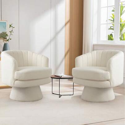 2pcs Lamb Wool Fabric Upholstered Comfy 360 Degree Round Barrel Chairs Cosmetic Bench Fashion Solid Color Swivel Chair For Living Room Bedroom