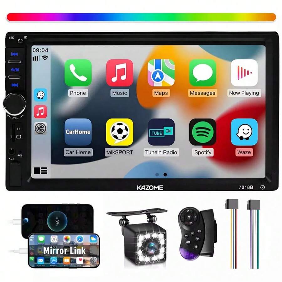 Auto Estéreo Pantalla2din Bluetooth 2.0, Mirrorlink,12Led Usb Fm Cámara reproductor MP5, juego de cables de altavoz de potencia y coche - MP5-7018B - Ver 1