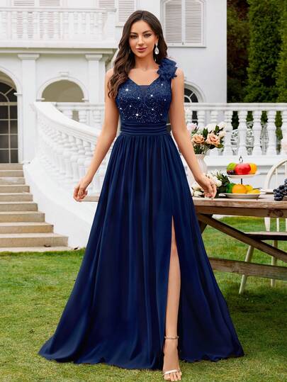 MIUSOL Sequin Floral Lace Sweetheart Neck Sleeveless Ruffle Chiffon Slit Maxi Formal Party Dress, Formal Evening Gown, Suitable For Wedding Guest, Graduation Ceremony, Gala And Other Occasions