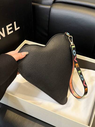 女士时尚个性化心形纯色 PU 皮革迷你手拿包，优雅零钱包，复古日常工作通勤钱包手提包