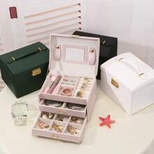 1pc Luxury Leather 3-Drawer Jewelry Box, Travel Carrying Jewelry Organizer For Earrings, Necklaces & Other Accessories With Lock