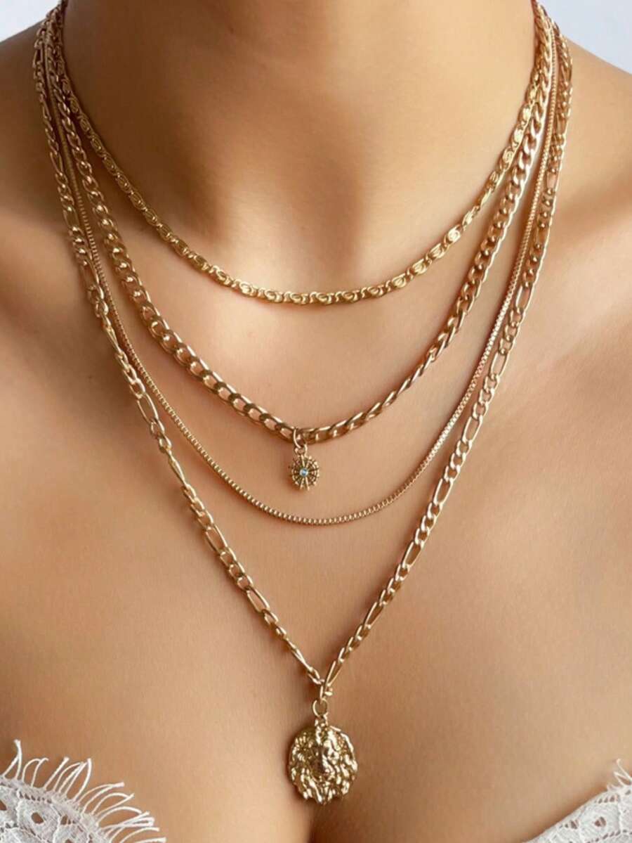 1pc Multi-Layer Hot Seller Alloy Circle Pendant With Rhinestone Disc Layered Necklace For Women - 1 4-layer - View 1