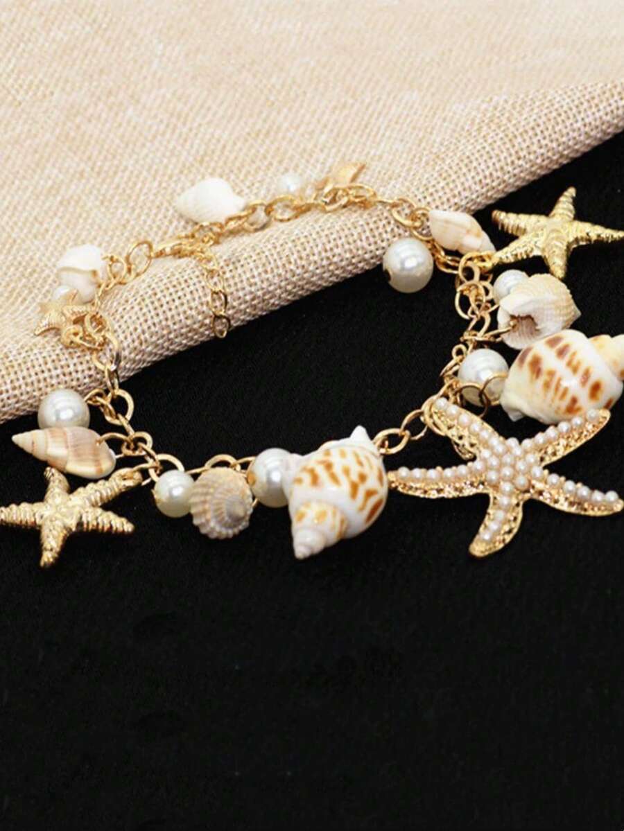 1 件儿童夏季海滩项链和手链套装，贝壳和设计，两用项链/脚链 - 金色 - 查看 1