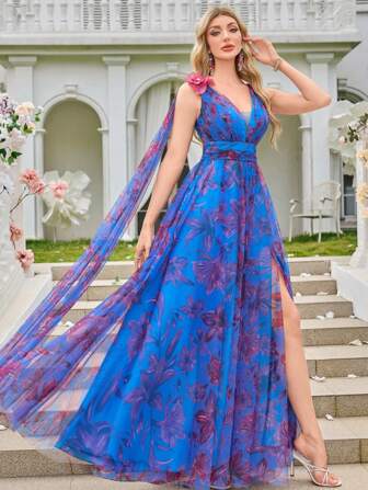 Kexmon Elegant Romantic Handmade Floral Mesh Floral Long Slit Party Evening Dress For Women, Wedding Guest Dress, Formal Dress,Gown