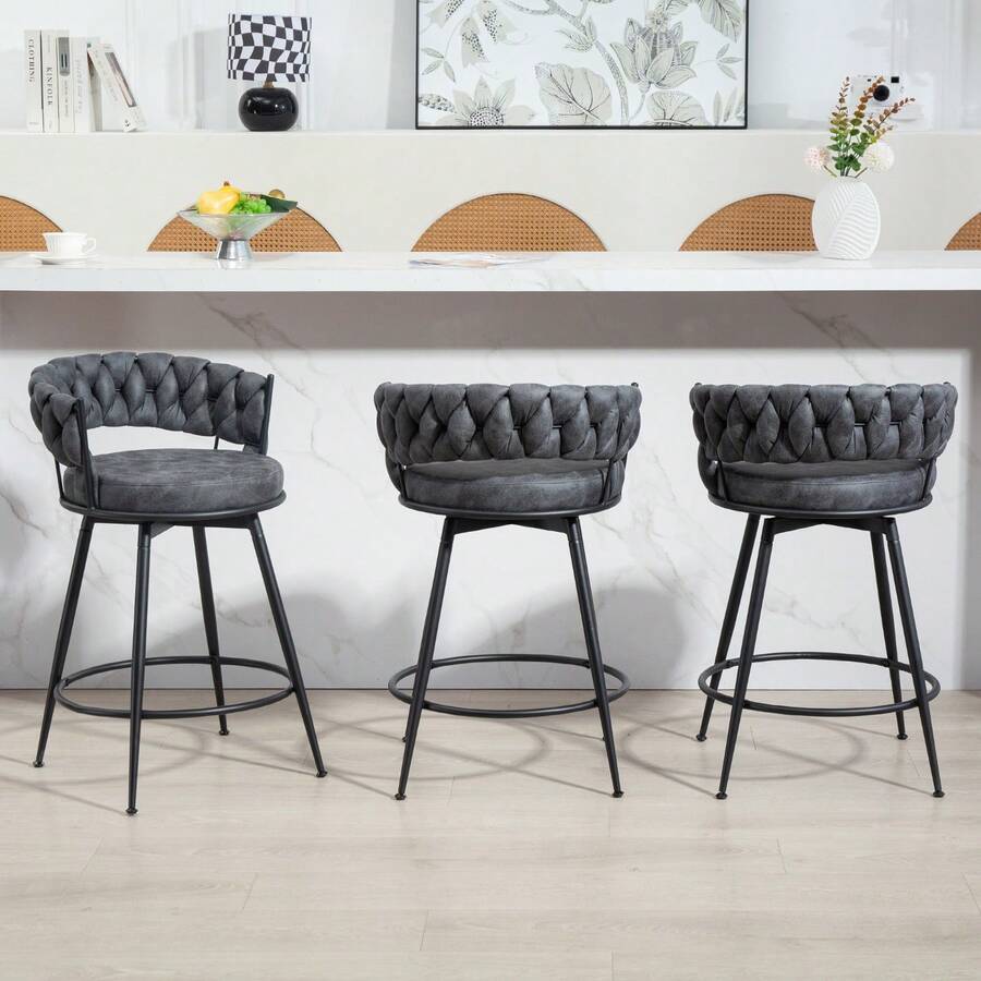 Dyhome 3Pcs 24'' Modern Swivel Bar Stools, 24 Inches Counter Height Bar Stools With Woven Back, Comfy Upholstered Suede Tall Barstools For Kitchen Island, Cafe - Grey - View 1