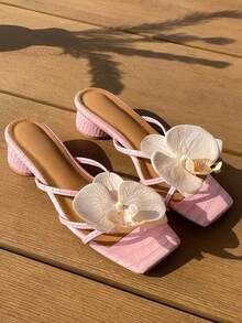 Thai Indie Style Floral Sandals For Women, Comfortable Square Toe Platform Chunky Heels Mules, For Spring & Summer[Note: Flower Petal Color Variation] - Pink - View 3