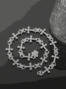 Collar de cadena de hip hop con colgante de cruz con estrella de strass de 13mm y pulsera a juego, unisex - Collar con punta de cruz - Ver 18