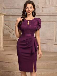 MIUSOL Keyhole Neckline Floral Lace Puff Sleeve Ruffle Trim Cocktail Party Bodycon Dress - Maroon - View 5