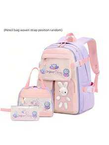 3 件套女孩背包套装，带午餐盒和铅笔盒 - 可爱兔子设计，可调节肩带，轻质尼龙学生背包，带拉链开合，适合女孩的返校礼物