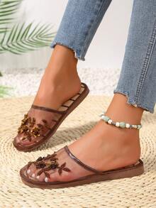 2024 New Fashion Handmade Pearl Decorated In/Outdoor Breathable Mesh Slippers - Brown - View 3