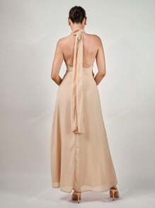 Andrea Bello Robe en mousseline de soie fluide à col V profond et dos nu pour mariage, printemps été