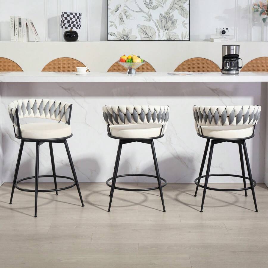 Dyhome 3Pcs  24'' Modern Swivel Bar Stools, 24 Inches Counter Height Bar Stools With Woven Back, Comfy Upholstered Suede Tall Barstools For Kitchen Island, Cafe - White - View 1