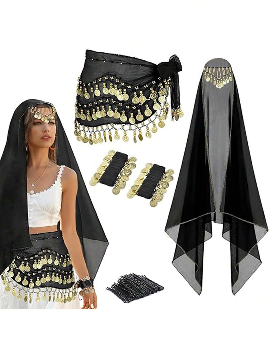 4pcs Belly Dance Costume Set, Including Chiffon Hip Scarf, Headscarf With Coins, And 2pcs Coin Bracelets, Halloween Theme - Multicolor - View 1