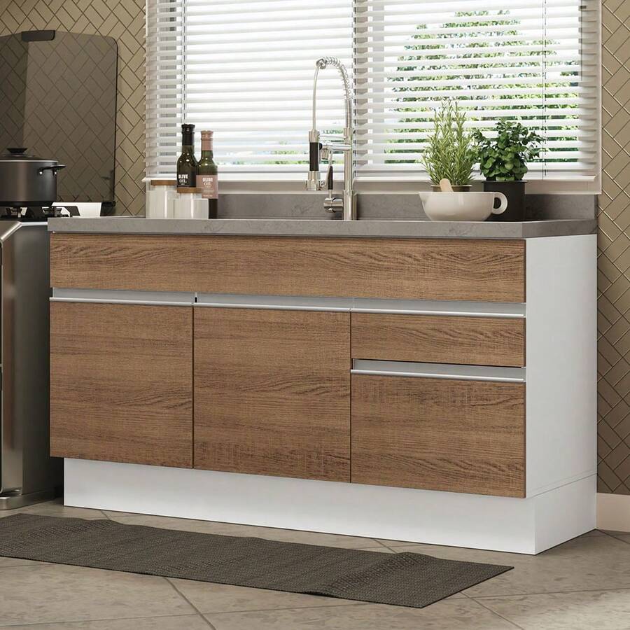 Alacena Madesa Glamy 150 cm 2 Puertas (Sin Encimera y Tarja) Color Blanco y Marrón - Blanco y Marrón - Ver 1