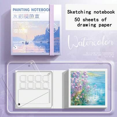 1pc Portable Mini Travel Watercolor Album, 50 Sheets, Built-In Palette Pocket And Removable Medium Weight Paper - Compact Painting Sketchbook, Painting Book, Mini Travel Watercolor Set Portable Box, Plein Air Pocket Sketchpad,Mother's Day,Mom's Gift,Back To School,School Supplies