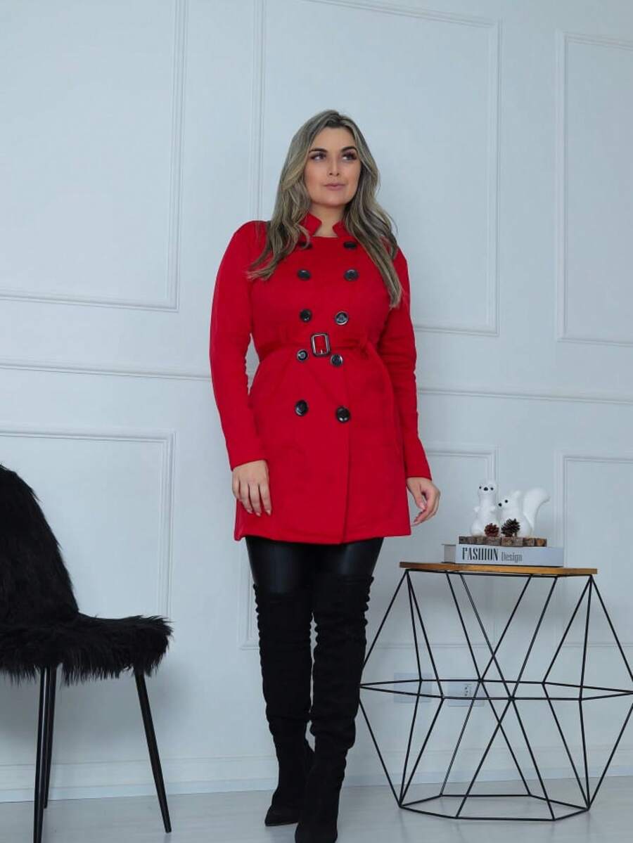 WOMEN'S OVERCOAT WITH BUTTONS AND LARGE BELT - 紅色 - 查看 1