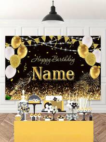 1pc Customized Name Backdrop, 3 Sizes, Personalized Shiny Black & Gold Name Background, Vinyl Material Photography Backdrop, Birthday Signage Curtain, Unisex Birthday Anniversary Celebration Decor, Multifunctional, Decorative, Lettering, Fashionable, Modern, Colorful, Cute, Casual, Customized, Personalized, Unique, Ideal Gift For Him, Ideal Gift For Her, Son, Daughter