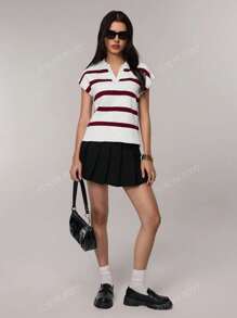 VOOR SCHOONHEID Lente en zomer Nieuwe stijl Revers Retro Gestreepte Kleurblok Mouwloze Gebreide Trui voor Vrouwen, Zakelijke Casual Losse Casual Pullover Top Voor Woon-werkverkeer Zomer Tops Terug naar school