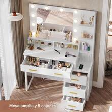 Vanity Dressing Table With Mirror And Lights Charging Station Wood - White - View 4