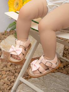 Spring/Summer Girls PU Leather Bow Design Soft Rubber Bottom Indoor Infant Learning Shoes/Slippers - Pink - View 7
