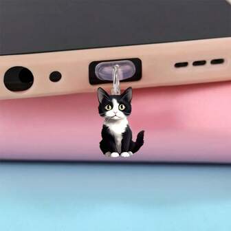 1 件可爱黑白猫 2D 亚克力防尘塞，兼容 iPhone/Type-C 端口，用于手机保养和维护，适合作为节日礼物