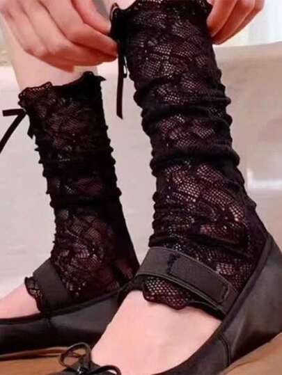 1 Cặp tất giữ ấm chân dài đến mắt cá chân bằng ren, họa tiết nơ, chống nắng mùa hè, Y2k, E-Girl, ấm áp