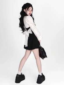 1pc Sweet & Fresh Feminine Academic Style Puff Sleeve Shirt And Suspender Skirt JK Uniform Set Including Tie, Suitable For Photo Shooting, Graduation Season Outfit Halloween - Black and White - View 7