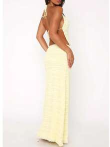 Women Y2k 2 Piece Maxi Skirt Set Sleeveless Ruffle Lace Halter Crop Top Tiered Flowy Long Skirt Summer Beach Outfit - 黃色 - 查看 2