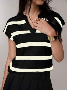 FOR BEAUTY 春夏新款复古条纹撞色翻领无袖针织衫，宽松休闲套头衫，通勤时尚上衣，新年新风尚 - 黑色 - 查看 6