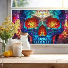 1 Rolle leicht zuschneidbare einseitig bunte Skelett Fensterfolie mit Frosteffekt, statische Haftung ohne Klebstoff, Buntglas Fensterfolie Kunst Dekoration, Fensteraufkleber, Fenstersticker