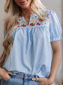 Sky Blue Floral Embroidery Puff Sleeve V-Neck Cold-Shoulder Top - Blue - View 7