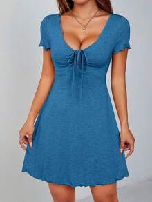 Abito canotta minimal chic con coulisse frontale, adatto all'estate - Blu - Visualizzare 3