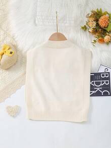 Girls Knit Round Neck Delicate Floral Embroidery Knit Hollow Side Knit Vest - Beige - View 6