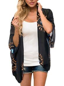 Plus Size Eye Print Kimono Cover Up, Spring Summer Casual Holiday Kimono Black