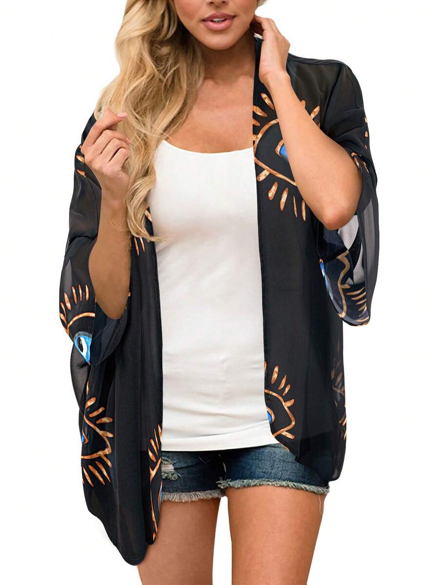 Plus Size Eye Print Kimono Cover Up, Spring Summer Casual Holiday Kimono Black
