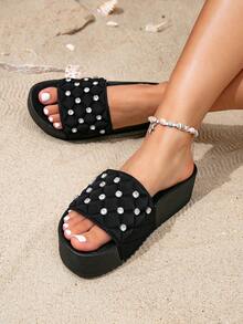 Summer New Arrival Women's Fashionable Rhinestone & Rhombus Pattern Black Thick-Soled Height Increasing Comfortable Outdoor Slippers - Black - View 5