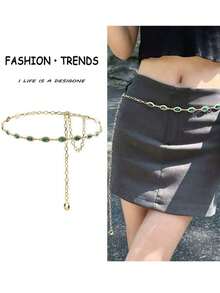 1pc Luxury Green Gemstone & Rhinestone Decorated Waist Chain, Versatile Accessories For Dresses, Jeans, High-End Metallic Fine Waist Belt - Green - View 4