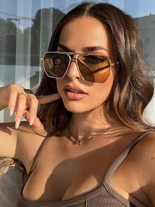 1pc Asymmetrical Rectangle Metal Double-Bridge Aviator Glasses, Fashionable Outdoor Eyewear For Summer Beach Vacation,Outdoor,Travel - Multicolor - View 2