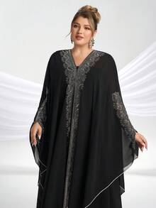 YISIKADO Plus Size Women Modest Festival Dress Arabic Style Rhinestone Chiffon V-Neck 2 Pieces Set Prom Party Loose Long Dress Turkish Style Hooded Long Sleeve Dress Kaftan Arabian Dress, Formal, Gown, For Evening, Wedding Guest - Black - View 7