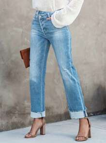 Pantalones vaqueros informales para mujer con cintura asimétrica y efecto desgastado