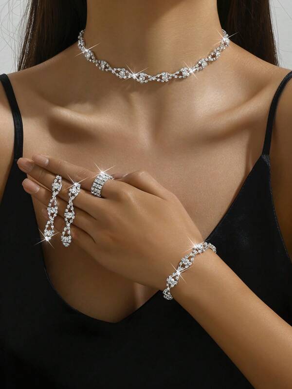 5 pièces/set Ensemble de bijoux à torsade de câble, œillets. Collier, boucles d'oreilles, bracelet, bague, avec imprimé étoile, pour la fête, le mariage, la mariée