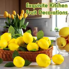 Fake Lemons Artificial Fruits With Leaves, 3.5" And 2.8" 2 Size Faux Yellow Lemons Decor Realistic Fruits For Bowls Decor Table Centerpieces Kitchen Summer Decorations