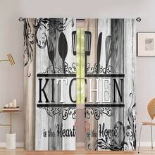 2片装厨房用具图案窗帘，房间装饰，卧室装饰，数码印花，杆袋式设计，不易褪色，轻薄透气，适合全屋使用 - 彩色 - 查看 4