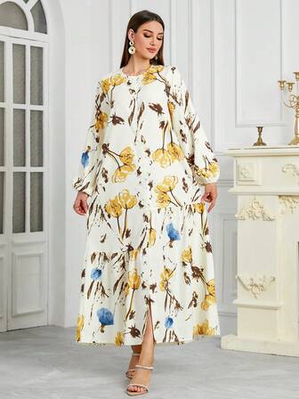 Ramadan New Arrival Round Neck Printed Robe Ramadan Abaya, Loose Fit Casual Single Breasted Robe