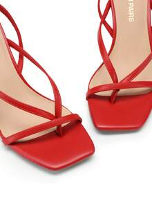 Women Minimalist Kitten Low Heel Thong Heeled Sandals, Fashion Square Toe Ankle Strap Heeled Sandals For Wedding Party Casual Wearing Dressy Occasions - 紅色 - 查看 7