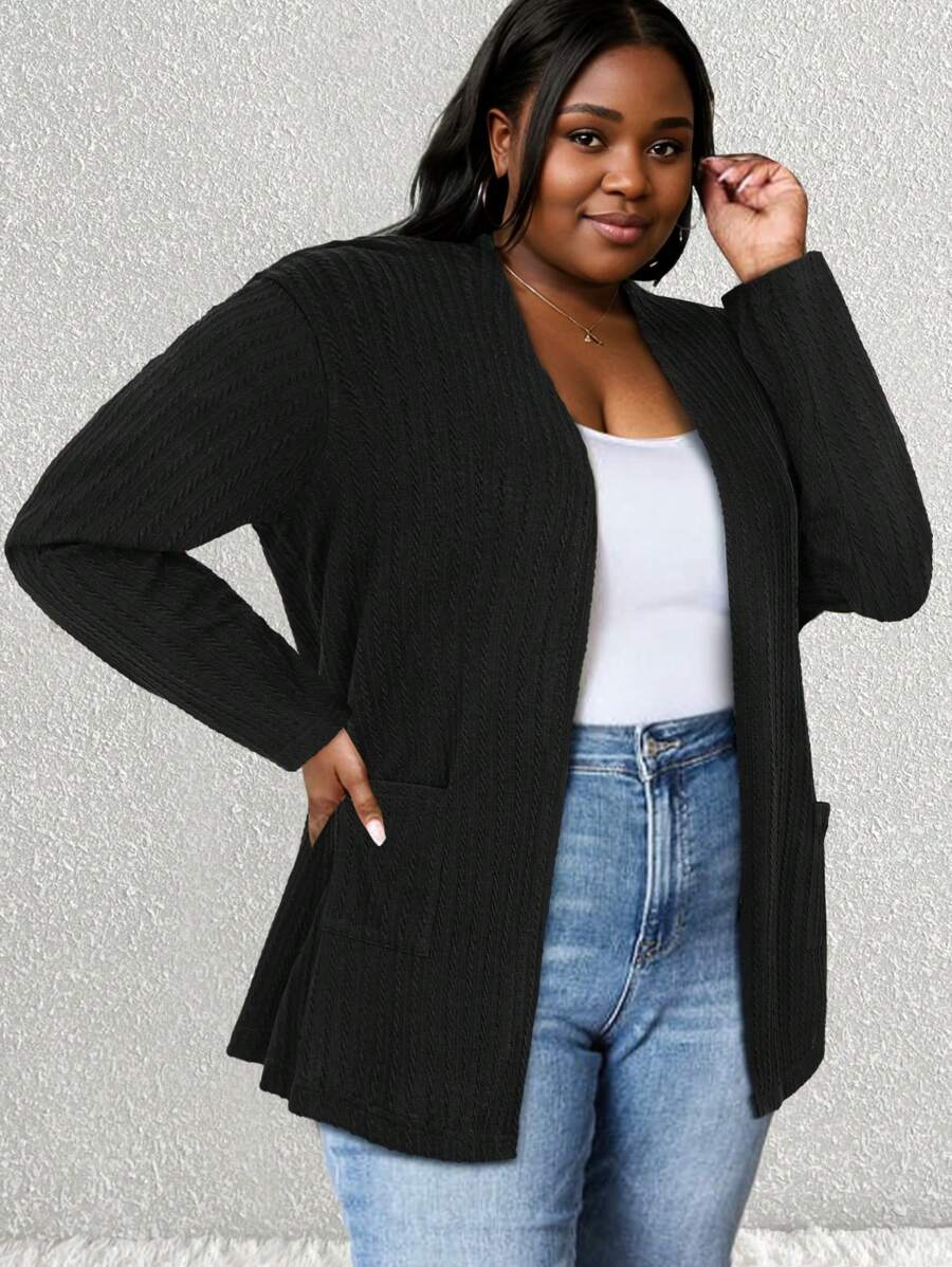 Long Sleeve Textured Cardigan Plus Size Autumn Winter Solid Knitted Coat