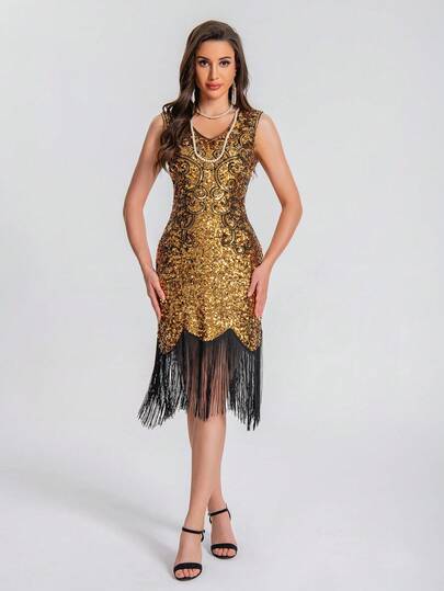 Women's Vintage Sequin Embroidered Fringe Dress - Sleeveless V-Neck Gold Party Cocktail Dress For Evening Wedding Events