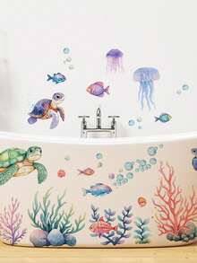 1pc Jellyfish, Fish, Shell, Removable Vinyl Waterproof Sticker, Marine Elements, With Turtle, Bathroom Toilet Decoration Stickers, Toilet Cover Stickers, Bathroom Decoration Removable Stickers, Self-Adhesive Decals, Home Accessories, Vinyl Home Decoration Decals, Spring Decoration, Make Your Home Look Brand New, Holiday Decoration Stickers, Birthday Graduation Gifts Wall Decor Bedroom Decor Room Decoration Stuff Living Room Decor House Decor Home Decor Living Room Wall Art Wall Paper - Multicolor - View 6