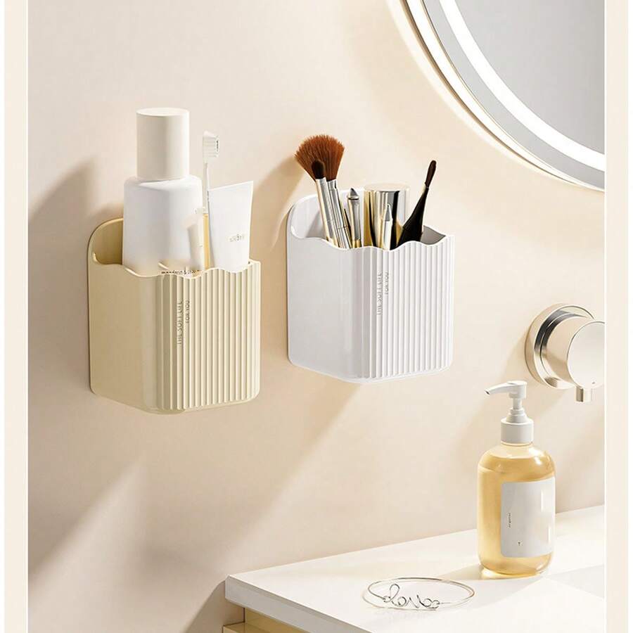 1pc Bathroom Wall Mount Makeup Brush Toothbrush Toothpaste Cosmetics Storage Rack With Wet Wipes Holder, Multi-Function Organizer - Multicolor - View 1