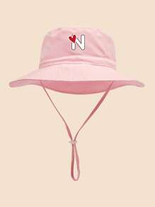 1 pezzo Cappello da sole per bambini con stampa a cuori e lettere, con cordino regolabile antivento, stile casual, cappello secchiello per neonati, adatto per attività all'aperto, spiaggia, protezione dal sole